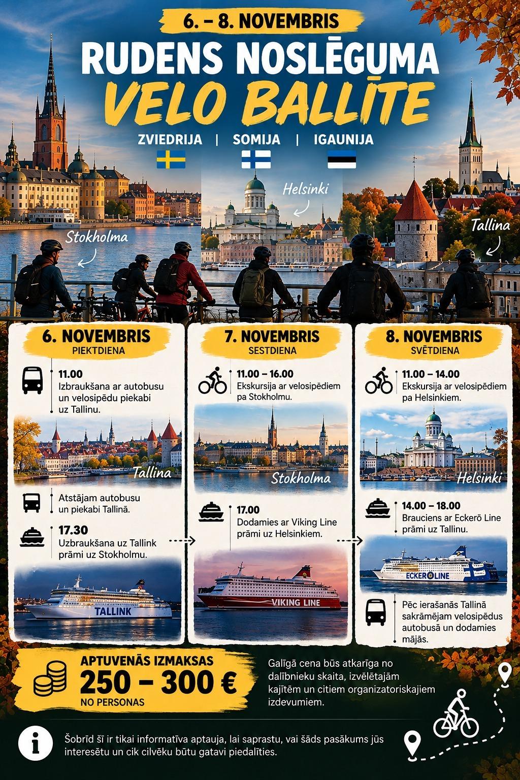 6-8 novembris // Rudens noslēguma velobrauciens, apmeklējot Zviedriju, Somiju un Igauniju.